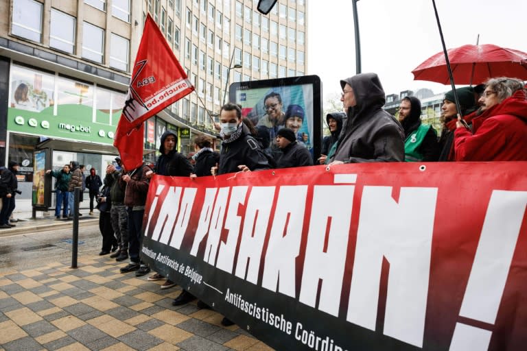 Anti-fascist activists demonstrated outside the venue on the first day of the 'NatCon' national conservatism conference in Brussels (Simon Wohlfahrt)