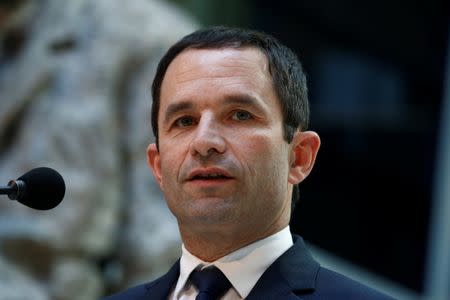 Benoit Hamon, French Socialist party 2017 presidential candidate gives a statement after meeting Social Democratic Party (SPD) leader Martin Schulz in Berlin, Germany, March 28, 2017. REUTERS/Fabrizio Bensch