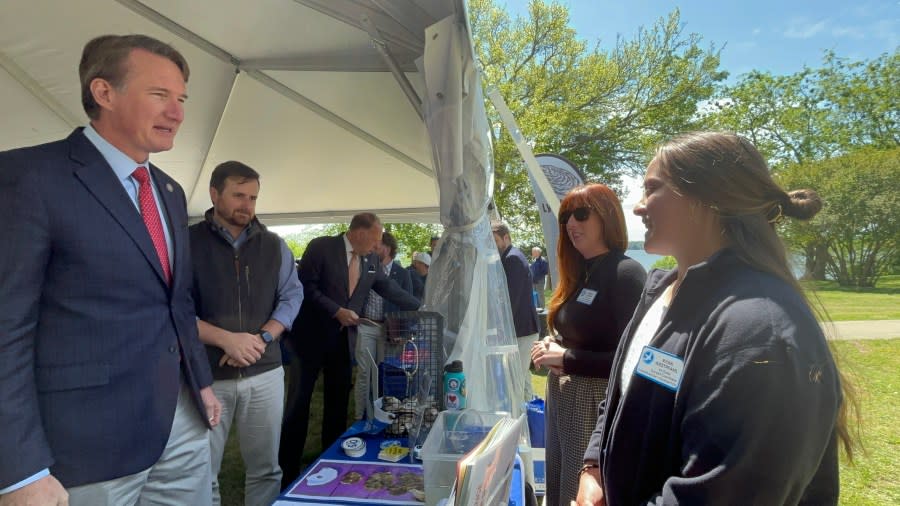 Chesapeake Bay Foundation oyster restoration experts demonstrate an oyster’s water filtering capabilities to Virginia Governor Youngkin on April 22, 2024. Courtesy: Chesapeake Bay Foundation