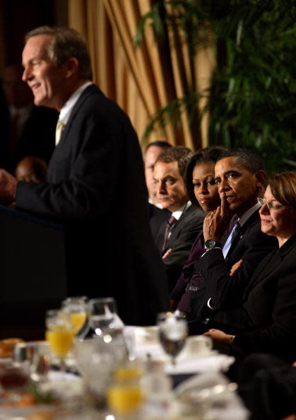President Barack Obama listens as Rep. W. Todd Akin (R-MO) speaks at the 58th National Prayer Breakfast on February 4, 2010 at the Washington Hilton in Washington, DC. President Obama spoke about bringing back civility and compromise in American politics. The annual gathering was also attended by first lady Michelle Obama, Vice President Joe Biden, Secretary of State Hillary Clinton and the Prime Minister of Spain, José Luis Rodríguez Zapatero. (Photo by Martin H. Simon-Pool/Getty Images)