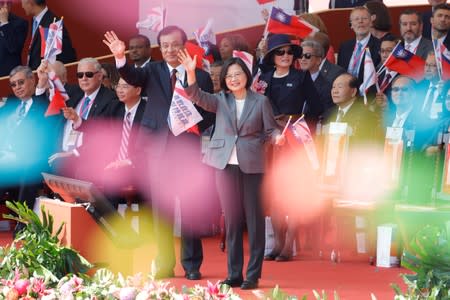 Taiwan's President Tsai Ing-wen waves during Taiwan's National Day in Taipei