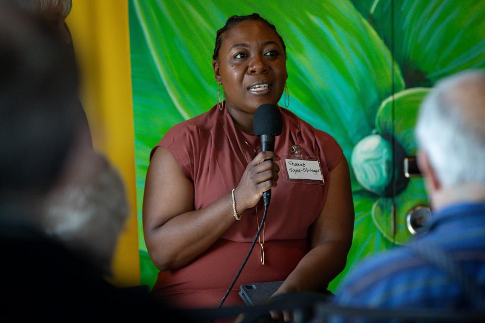 Shanae Joyce-Stringer speaks during a forum for Eugene’s mayoral candidates March 15 in Eugene.