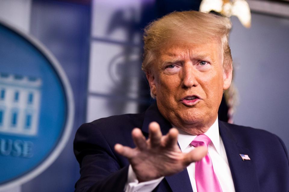 President Donald Trump with members of the president's coronavirus task force speaks during a news conference at the Brady press briefing room of the White House, Wednesday, Feb. 26, 2020, in Washington. (AP Photo/Manuel Balce Ceneta)