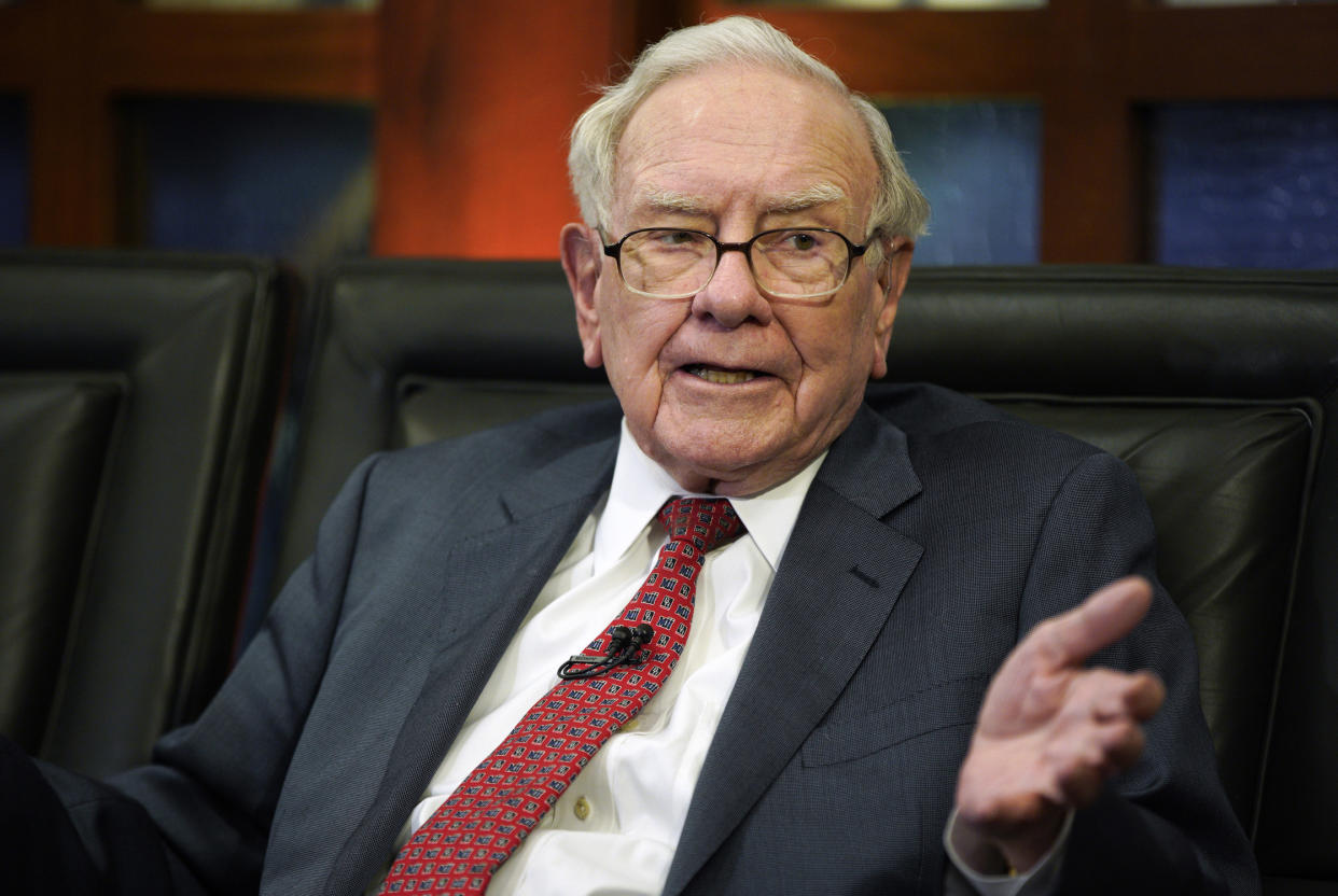 FILE- In this May 7, 2018, file photo Berkshire Hathaway Chairman and CEO Warren Buffett speaks during an interview in Omaha, Neb., with Liz Claman on Fox Business Network's 