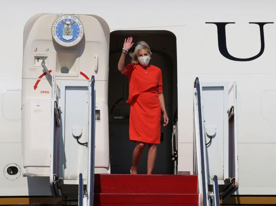 Jill Biden, first lady of the United States, arrives at Yokota Base in Tokyo on July 22, 2021, one day before the opening ceremony of the Tokyo Olympic Games. - Credit: AP