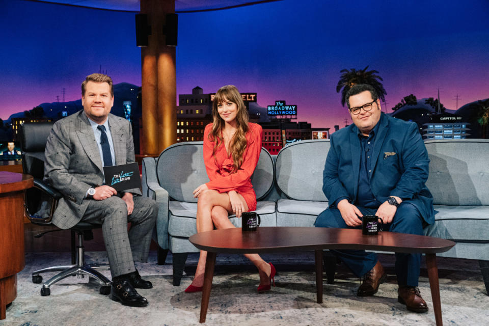 Dakota Johnson and Josh Gad appear on “The Late Late Show with James Corden” on January 19, 2022. - Credit: CBS