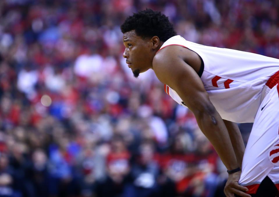 TORONTO, ON - APRIL 13:  Kyle Lowry #7 of the Toronto Raptors looks on during Game One of the first round of the 2019 NBA playoffs against the Orlando Magic at Scotiabank Arena on April 13, 2019 in Toronto, Canada.  NOTE TO USER: User expressly acknowledges and agrees that, by downloading and or using this photograph, User is consenting to the terms and conditions of the Getty Images License Agreement.  (Photo by Vaughn Ridley/Getty Images)