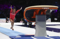 United States' Simone Biles competes on the vault during the apparatus finals at the Artistic Gymnastics World Championships in Antwerp, Belgium, Saturday, Oct. 7, 2023. (AP Photo/Geert vanden Wijngaert)