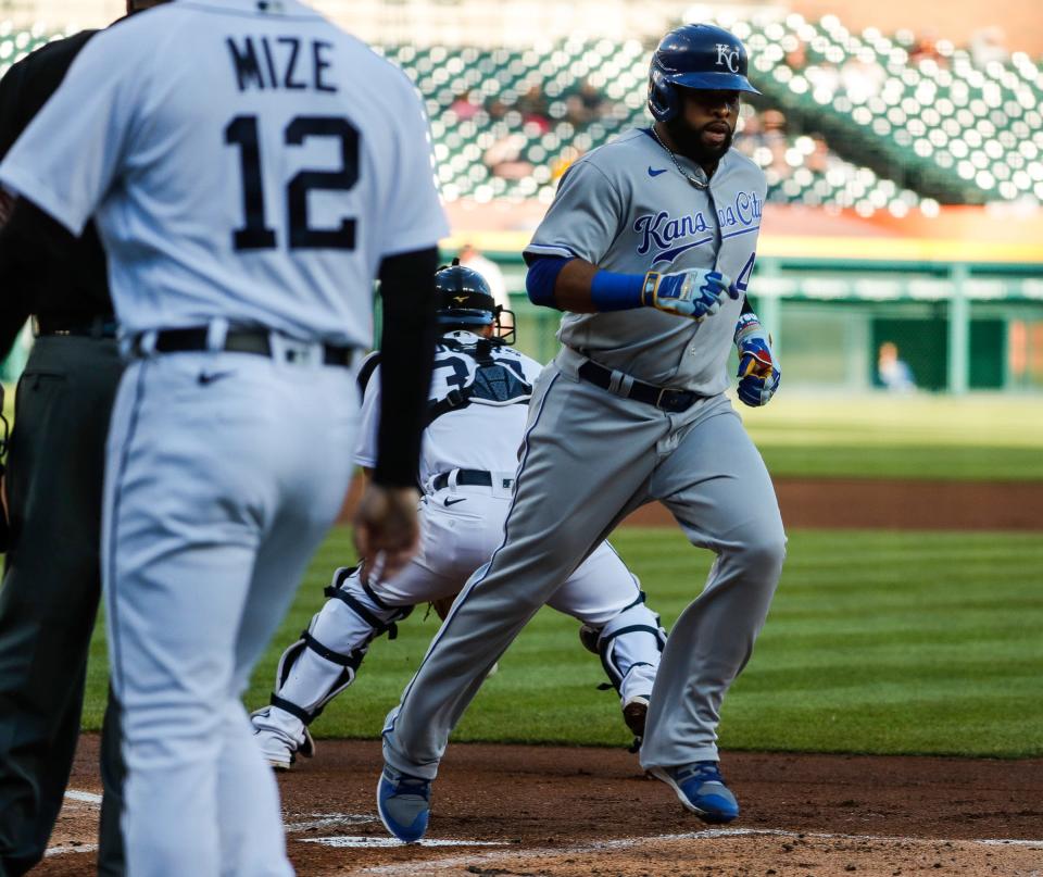 Kansas City Royals first baseman Carlos Santana (41) scores a run against Detroit Tigers during first inning at Comerica Park in Detroit on Wednesday, May 12, 2021.