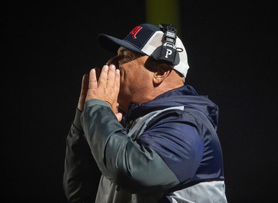 Madison-Ridgeland Academy Patriots' head coach Herbert Davis shouts during a game against Jackson Prep Patriots at MRA's stadium in Madison late last year. Davis is recovering from receiving a kidney transplant that included six others recently at UMMC.
