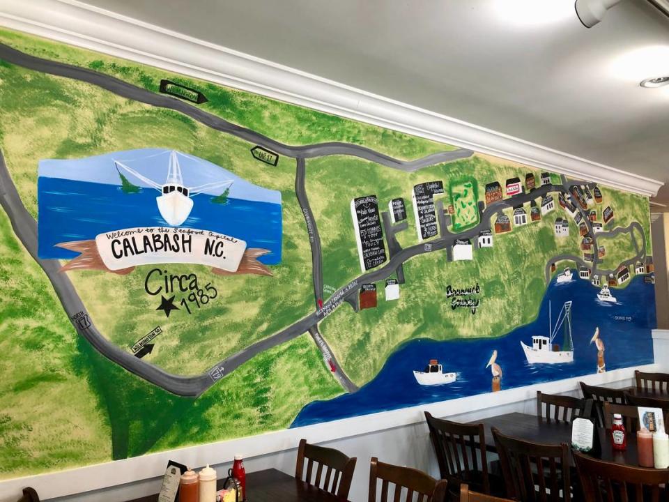 A mural in the dining room of Beck’s Restaurant in Calabash, NC. Calabash-style fried fish can be found in North and South Carolina and beyond. August 2, 2023.