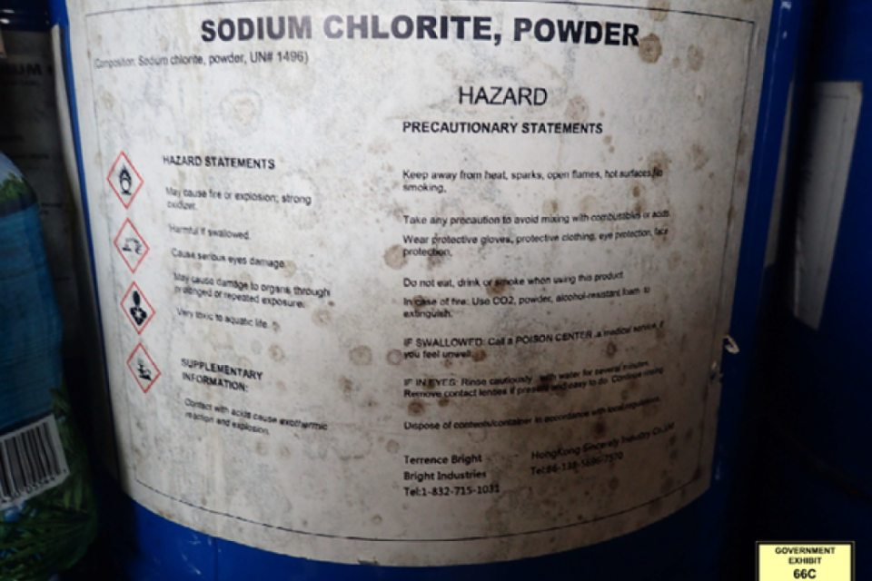 Barrell containing sodium chlorite powder shown as evidence during trial against Grenon Family.