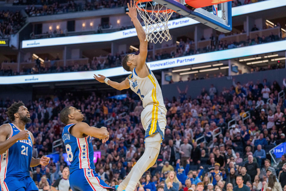 Mar 24, 2023; San Francisco, California, USA; Golden State Warriors guard Jordan Poole (3) shoots a layup against Philadelphia 76ers during the fourth quarter at Chase Center. Mandatory Credit: Neville E. Guard-USA TODAY Sports