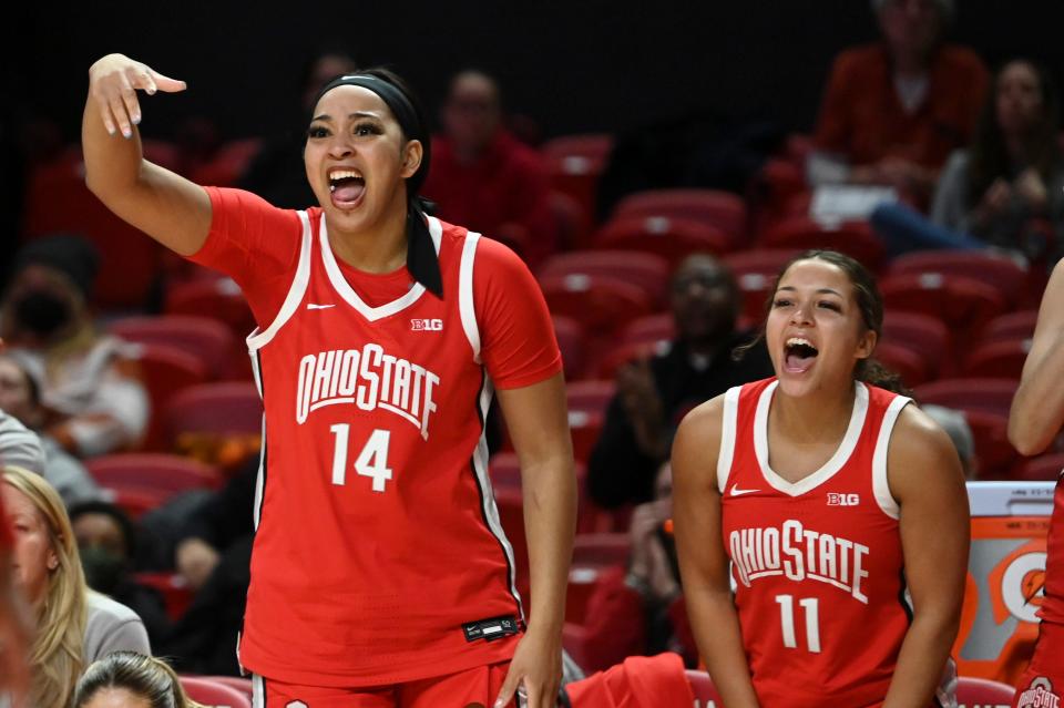 Ohio State forward Taiyier Parks (14) and guard Kaia Henderson (11) react after a call during the first half of their 84-76 win over Maryland.