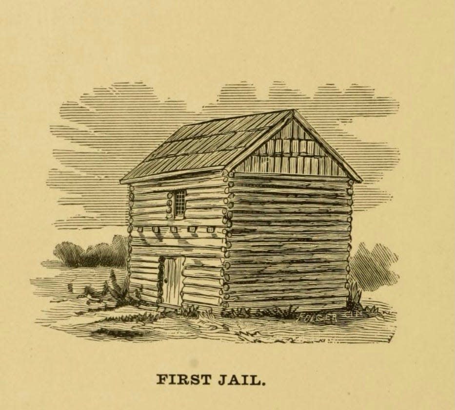 Henderson County's first government building was a blockhouse jail similar to this engraving that appeared in E.L. Starling's 1887 History of Henderson County. It was built at the end of 1799 and lasted until 1807. Six other jails have followed it.