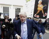 FILE - Britain's Conservative Party lawmaker Boris Johnson arrives to launch his leadership campaign, in London, Wednesday June 12, 2019. (AP Photo/Kirsty Wigglesworth, File)