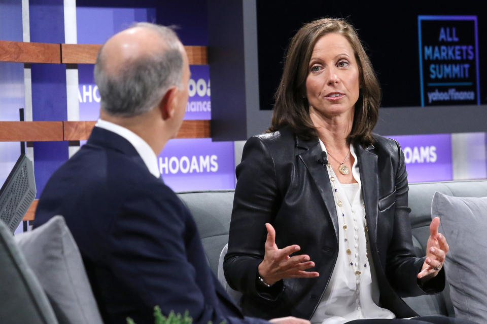 NEW YORK, NEW YORK - OCTOBER 10: Moderator Andrew Serwer and president of NASDAQ Adena Friedman attend the Yahoo Finance All Markets Summit at Union West Events on October 10, 2019 in New York City. (Photo by Jim Spellman/Getty Images)