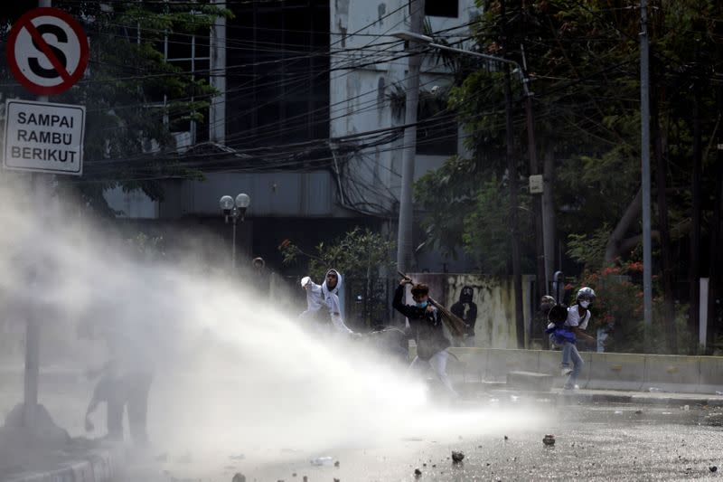 Protesters demand for a polarising new labour law to be repealed in Jakarta, Indonesia