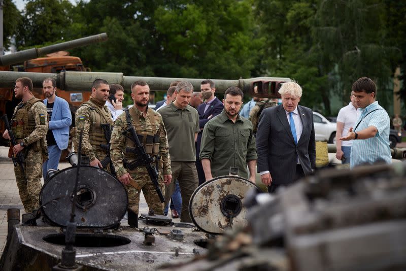 British PM Johnson and Ukraine's President Zelenskiy visit an exhibition of destroyed Russian military vehicles and weaponry in Kyiv