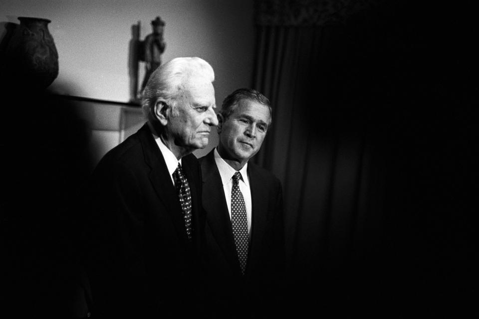 Billy Graham meets privately with Texas Governor and Republican presidential candidate George W. Bush in Jacksonville, Fla., on Nov. 5, 2000. Graham gave his tacit endorsement to Bush's run for the presidency after the two talked about faith and the future of the country.