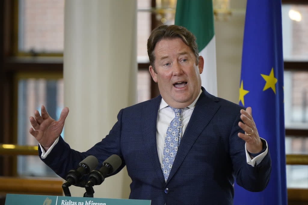 Minister for Housing Darragh O’Brien speaking at Dublin Castle. The Government has agreed a revised mica redress scheme which will be capped at 420,000 euro per home. Picture date: Tuesday November 30, 2021. (PA Wire)