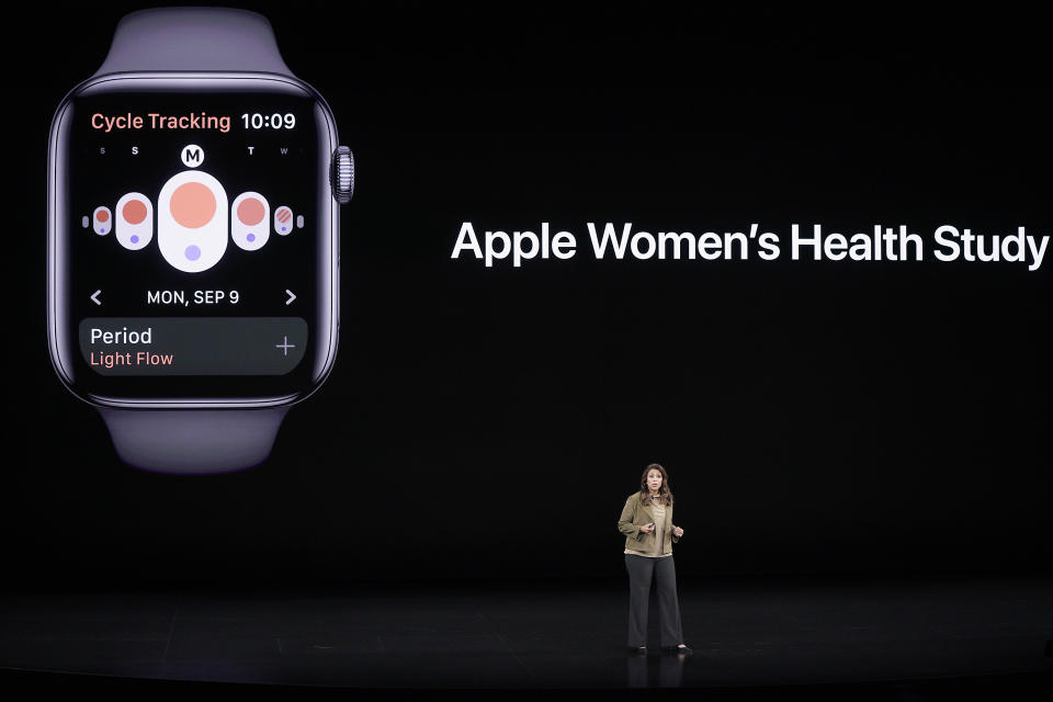 Sumbul Desai, MD, Apple's vice president of Health talks about new features on the Apple watch during an event to announce new products Tuesday, Sept. 10, 2019, in Cupertino, Calif. (AP Photo/Tony Avelar)