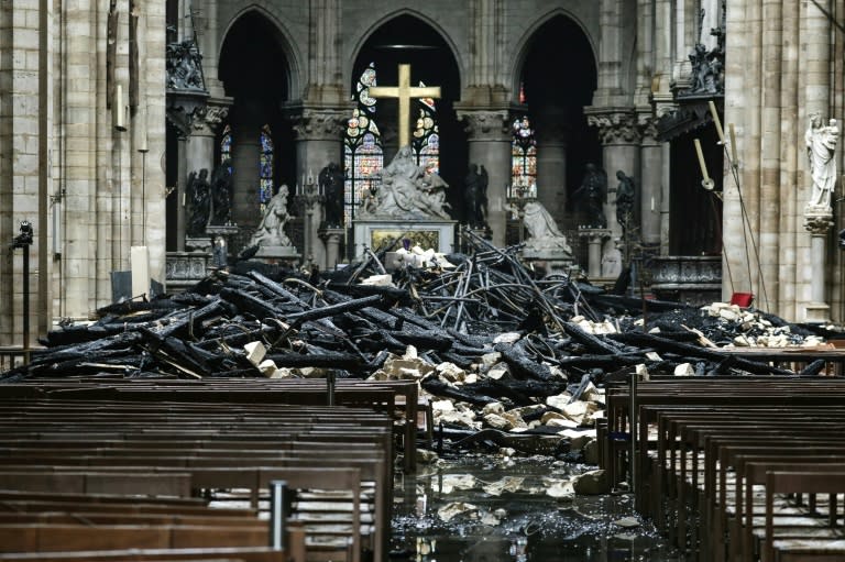 The altar surrounded by charred debris inside Notre-Dame after the fire