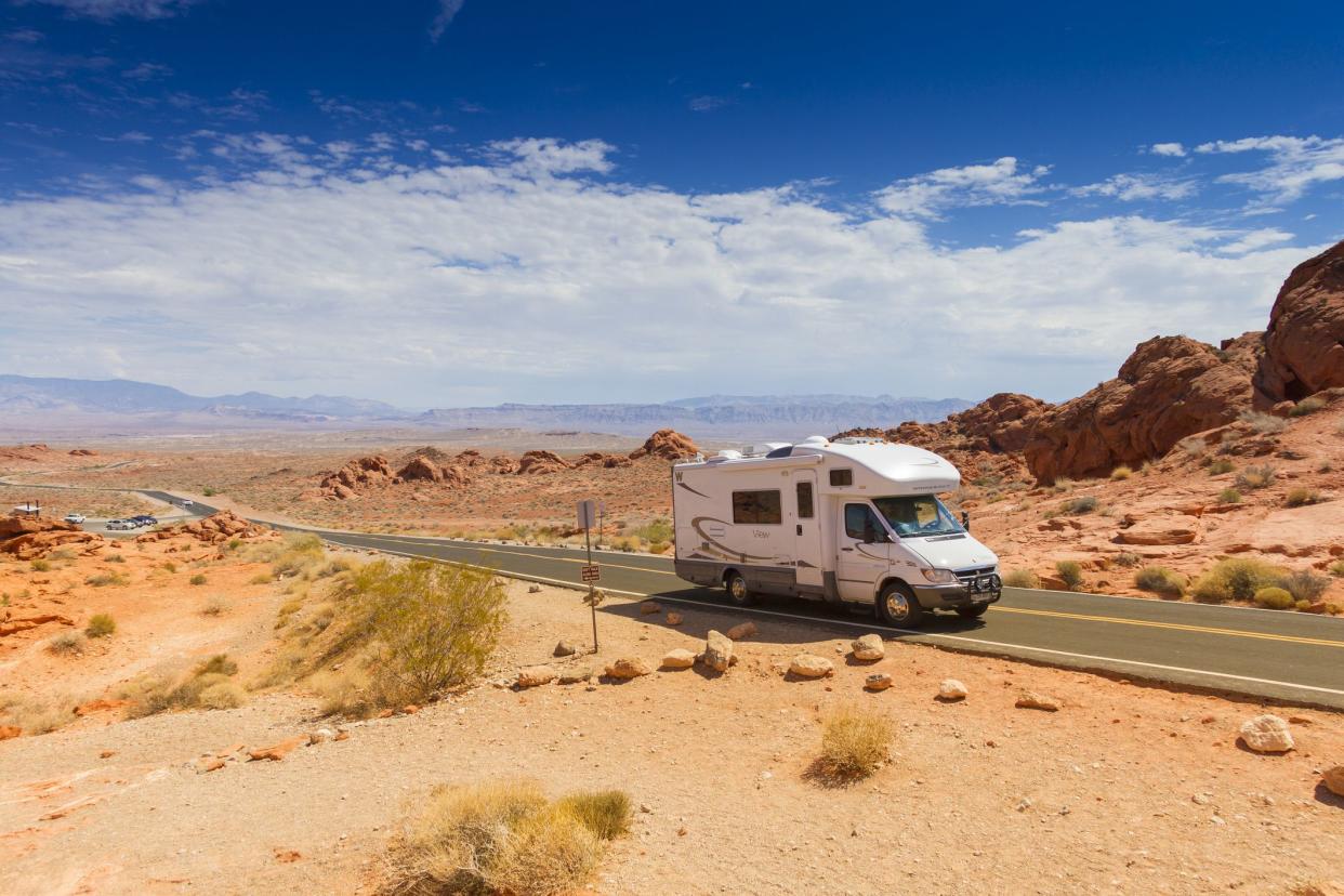 Las Vegas, USA - September 6, 2013:  A photo of the Valley of Fire State Park in Las Vegas Nevada. The photo shows an RV driving through the scenic state park.