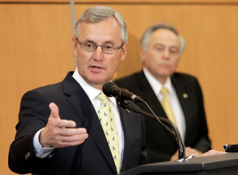 Jim Tressel speaks after being introduced as the new vice president for strategic engagement at the University of Akron, Feb. 2, 2012.