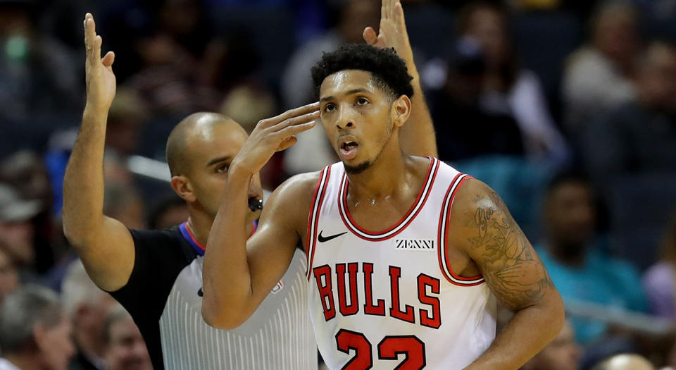 CHARLOTTE, NC - OCTOBER 26:  Cameron Payne #22 of the Chicago Bulls reacts after making a basket against the Charlotte Hornets during their game at Spectrum Center on October 26, 2018 in Charlotte, North Carolina. NOTE TO USER: User expressly acknowledges and agrees that, by downloading and or using this photograph, User is consenting to the terms and conditions of the Getty Images License Agreement.  (Photo by Streeter Lecka/Getty Images)