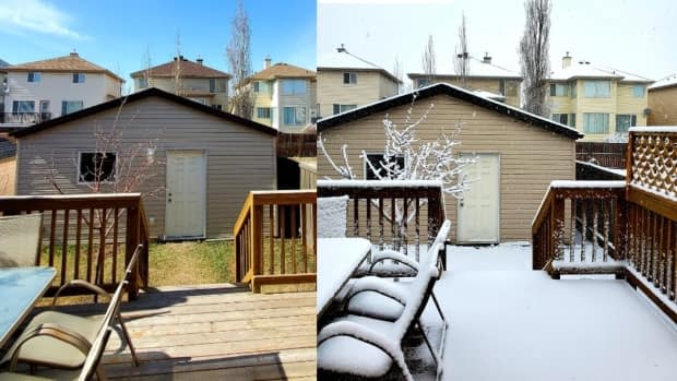 What was a sunny day in Calgary Saturday (left) quickly turned into a snow shower on Sunday (right) with temperatures dropping to 0 C. (Submitted by Ian Dave Pascual - image credit)