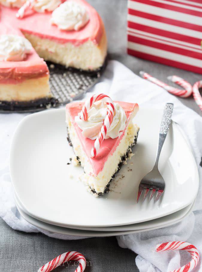 <p>A triple-layered cheesecake might replace your favorite <a href="https://www.countryliving.com/food-drinks/g1368/thanksgiving-pies/" rel="nofollow noopener" target="_blank" data-ylk="slk:holiday pie;elm:context_link;itc:0;sec:content-canvas" class="link ">holiday pie</a> at Christmas dinner.</p><p><strong>Get the recipe at <a href="https://iwashyoudry.com/white-chocolate-peppermint-cheesecake/" rel="nofollow noopener" target="_blank" data-ylk="slk:I Wash You Dry;elm:context_link;itc:0;sec:content-canvas" class="link ">I Wash You Dry</a>.</strong> </p>