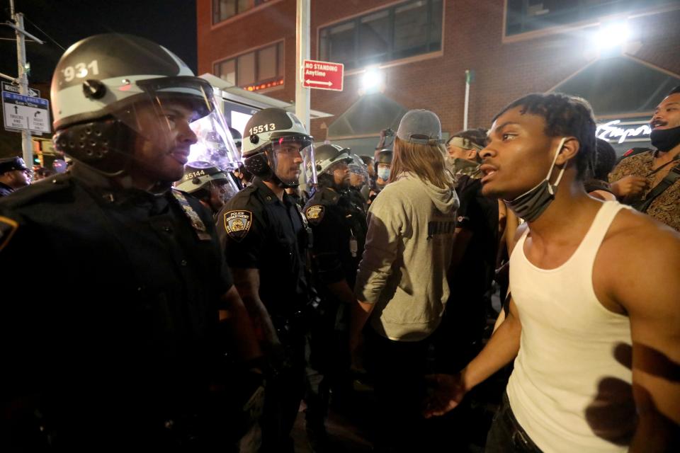 Protestors confront members of the NYPD near Union Square in Manhattan May 30, 2020. The protests at Union Square Protests and marches took place throughout the city for a second day over the death of George Floyd in Minneapolis.