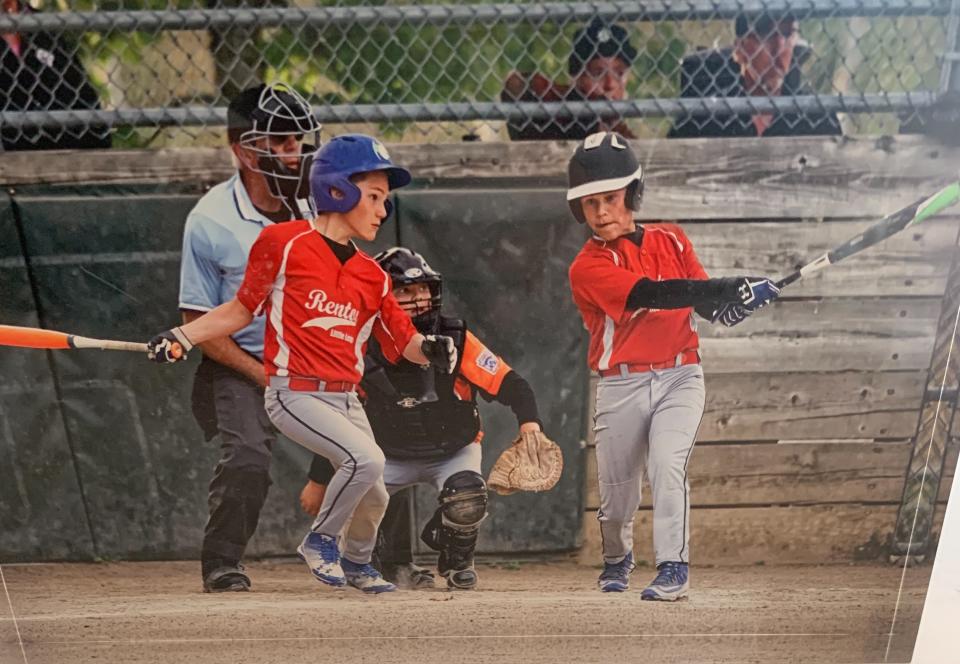 A photo illustration of Jim Moore's twin sons, Michael (left) and Steven, when the boys played in the Renton Little League. The Moore boys graduate in 2022 and their youth baseball careers come to a close after making many family memories.