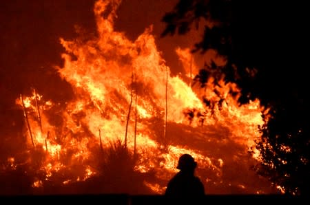 Firefighters battle a wind-driven wildfire called the Saddle Ridge fire in the early morning hours Friday in Porter Ranch