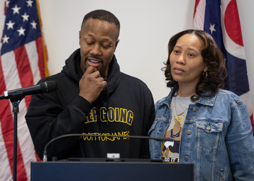 Streetsboro residents Tim and Tamia Woods, whose 17-year-old son, James, died by suicide in November after a sextortion incident., share their experience Thursday during a press conference about the proposed Social Media Parental Notification Act.