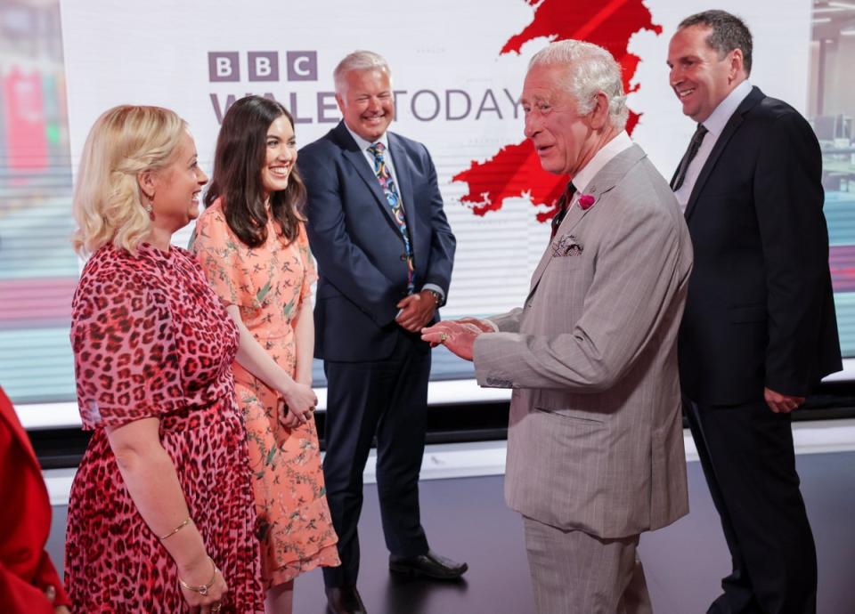 The Prince of Wales with members of the Wales Today team including meteorologist Derek Brockway (centre) (Chris Jackson/PA) (PA Wire)