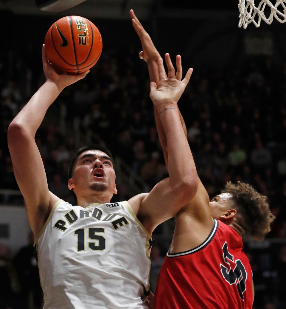 Purdue Boilermakers center Zach Edey (15) shoots the ball during the men’s basketball exhibition game against Grace College, Wednesday, Nov. 1, 2023, at Mackey Arena in West Lafayette, Ind. Purdue Boilermakers won 98-51.