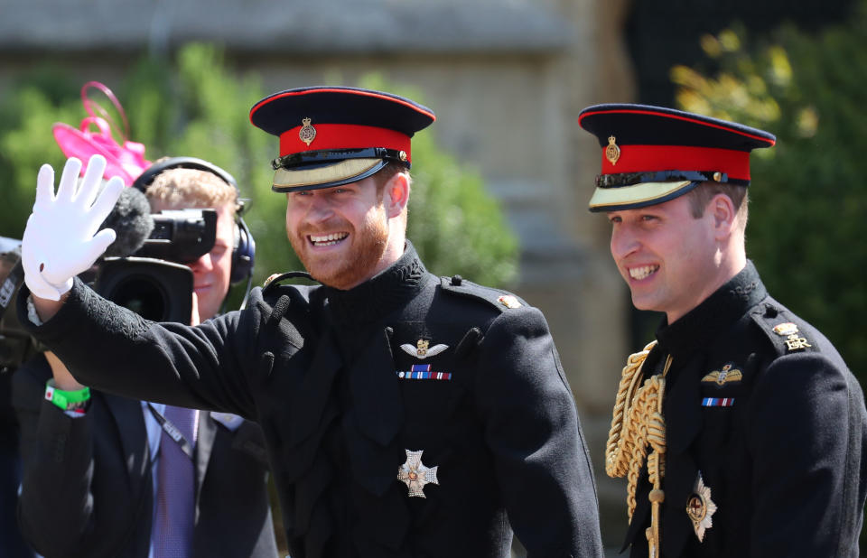 Prince Harry and Prince William arriving at the church for Prince Harry's wedding to Meghan Markle