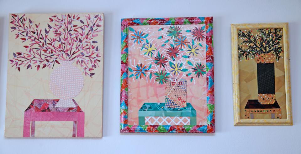 Paper weaved collage artwork decorates the walls at Kristine Kadlec’s apartment.