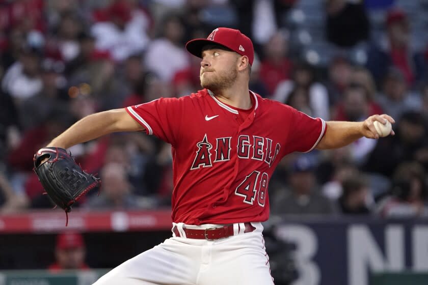 Los Angeles Angels starting pitcher Reid Detmers throws to the plate during the third inning of a baseball game against the Texas Rangers Wednesday, May 25, 2022, in Anaheim, Calif. (AP Photo/Mark J. Terrill)