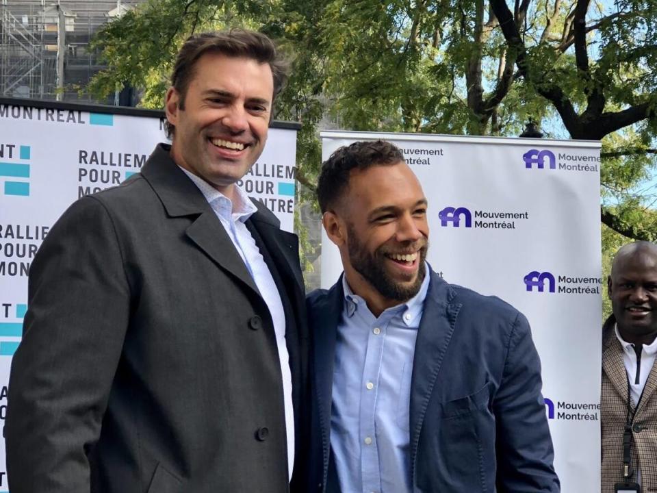 Marc-Antoine Desjardins, the leader of Ralliement pour Montréal, left, is cutting ties with Balarama Holness, the leader of Mouvement Montréal, right. (Jérôme Labbé/Radio-Canada - image credit)