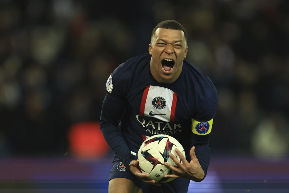 FILE - PSG's Kylian Mbappe celebrates after scoring his side's fourth goal during the French League One soccer match between Paris Saint-Germain and Nantes at the Parc des Princes in Paris, Saturday, March 4, 2023. Mbappe has told Paris Saint-Germain he will leave the club at the end of the season, it was reported on Thursday, Feb. 15, 2024. (AP Photo/Aurelien Morissard, File)