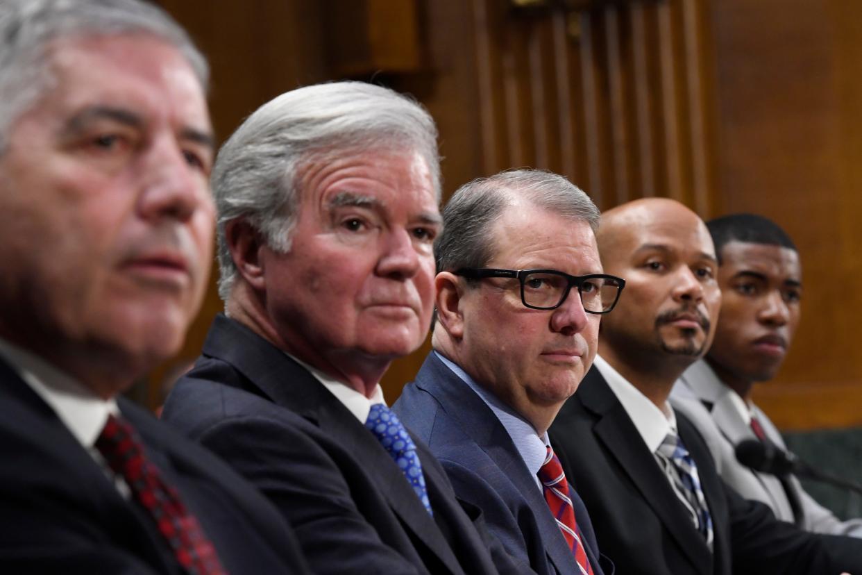 Kansas chancellor Douglas Girod, third from left, gave an update on the search to replace Bob Bowlsby, left, as the Big 12's next commissioner.