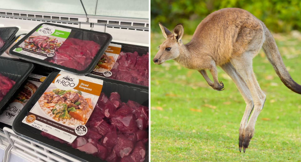 Left, Diced kangaroo meat is packaged and available on supermarket shelves. Right, a kangaroo is pictured midjump. 