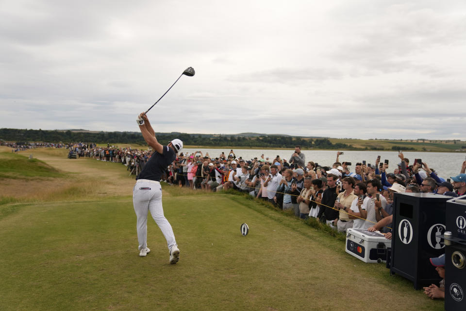 Viktor Hovland, of Norway, plays from the 12th tee during the third round of the British Open golf championship on the Old Course at St. Andrews, Scotland, Saturday July 16, 2022. (AP Photo/Gerald Herbert)