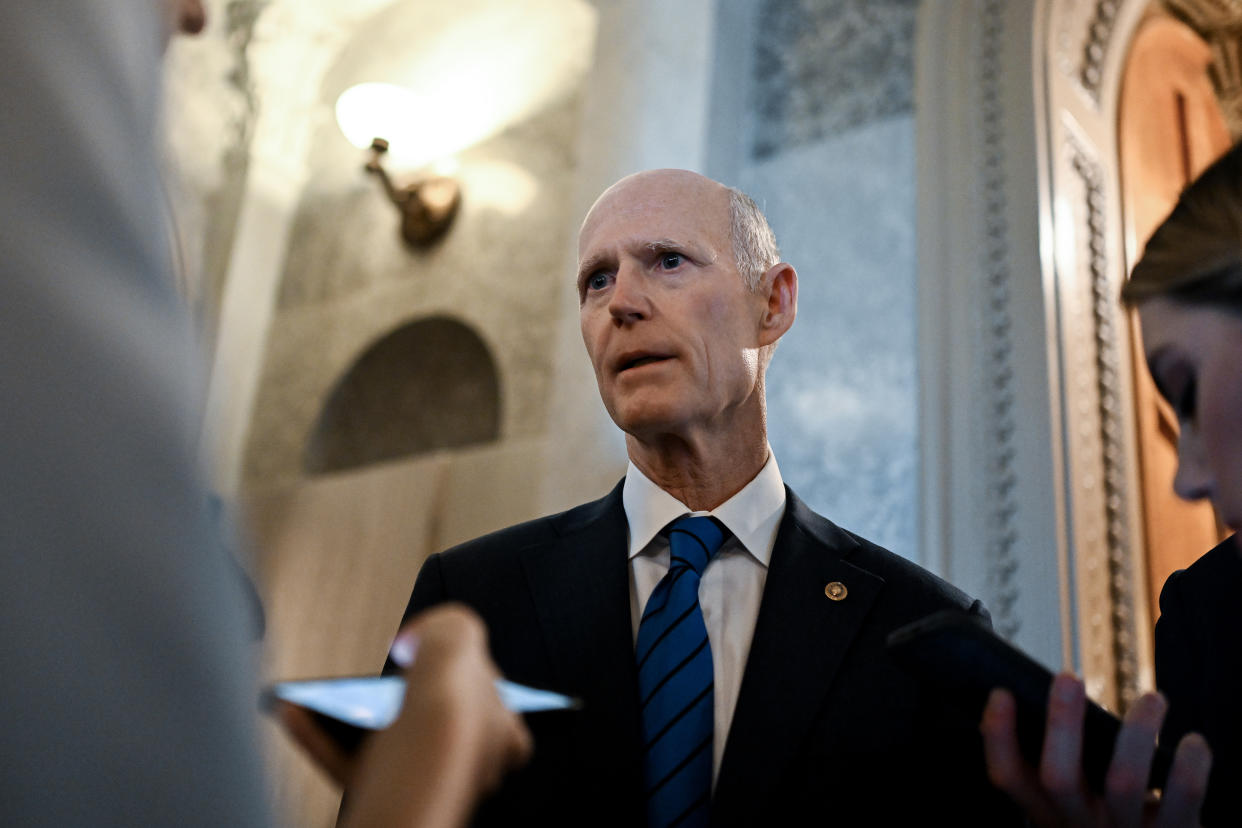 Sen. Rick Scott (R-Fla.) speaks to reporters at the Capitol in Washington on Thursday, May 23, 2024. (Kenny Holston/The New York Times)