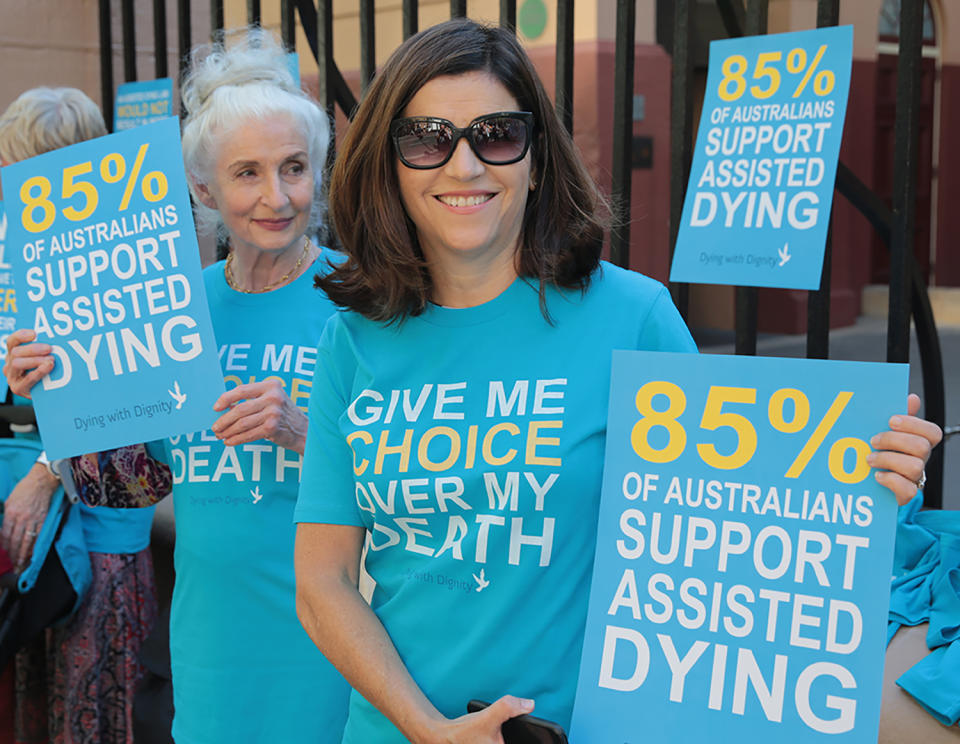 Shayne Higson outside NSW Parliament House with euthanasia protesters in 2017. Source: Shayne Higson