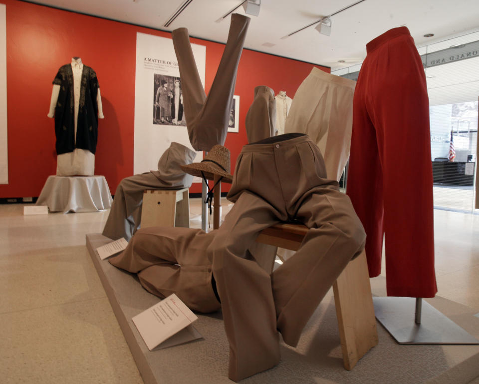 A display of slacks and jodhpurs is shown as part of the "Katharine Hepburn: Dressed for Stage and Screen" exhibit in the New York Public Library for the Performing Arts at Lincoln Center, Tuesday, Oct. 16, 2012. (AP Photo/Richard Drew)