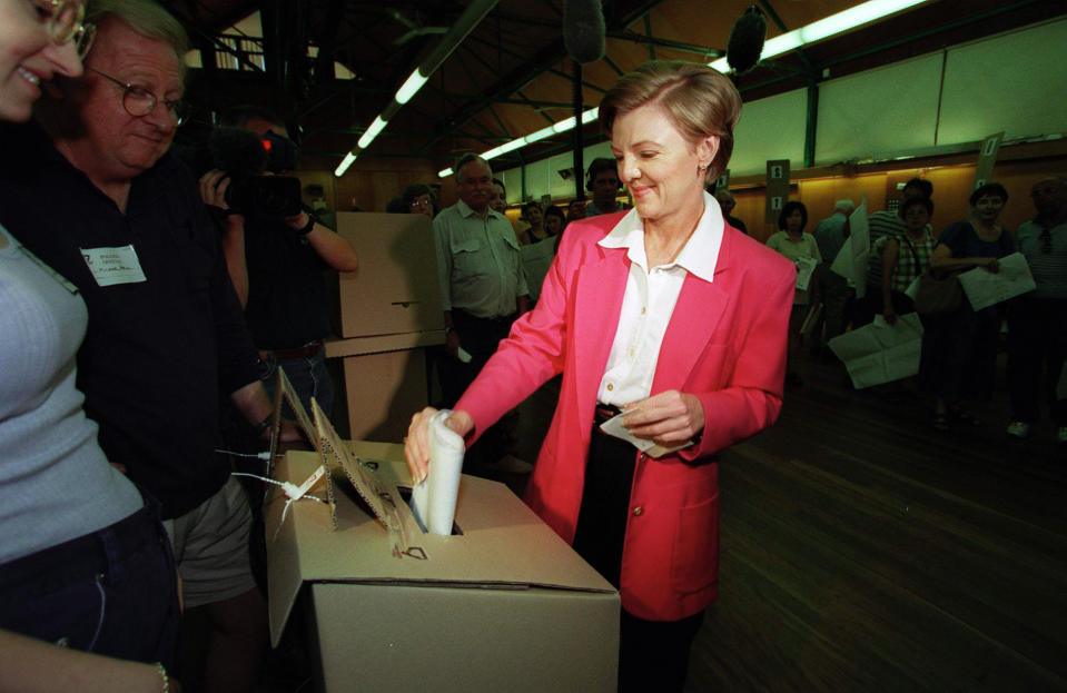 New South Wales Liberal Party leader Kerry Chikarovski casts her vote at a polling booth for the New South Wales Election. (AAP Photo)